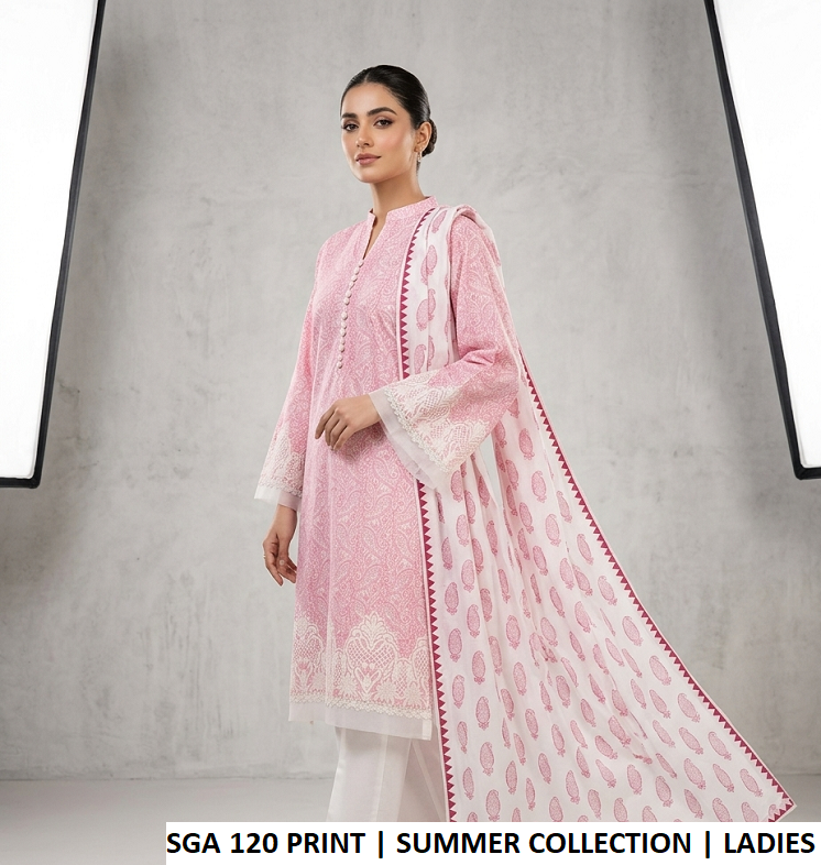 Lawn A-Line shirt SGA 120 PRINT - Pakistani women's casual summer outfit with cotton trouser and lawn dupatta front view