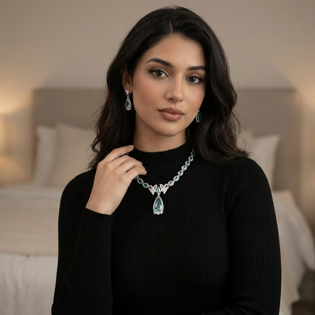 Pakistani women's emerald bird motif necklace set side view