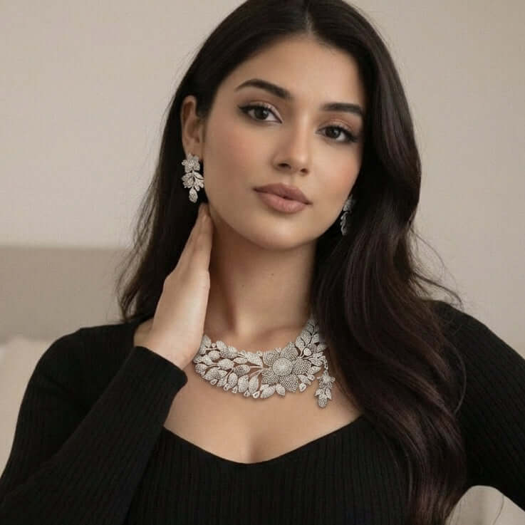 Floral diamond statement set 1 carat - Pakistani women's luxury bridal jewelry with floral diamond pattern front view