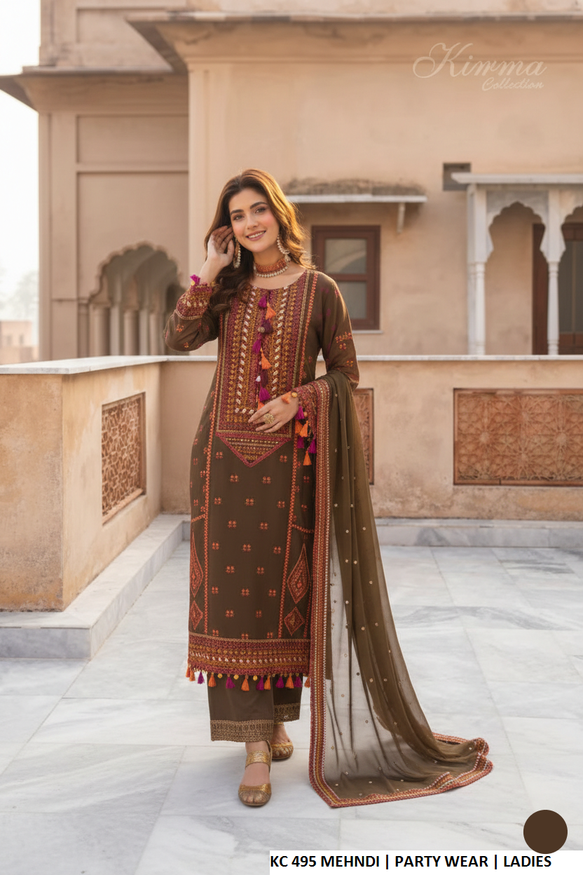 Pakistani women's mehndi green silk long shirt plazo back view