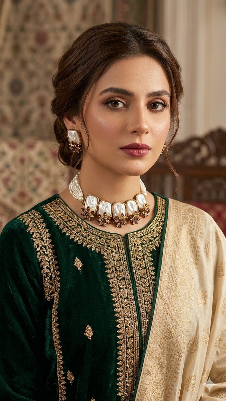 Ivory pearl floral statement necklace set JW260 - Pakistani women's luxury bridal jewelry with emerald green stones and gold finish front view