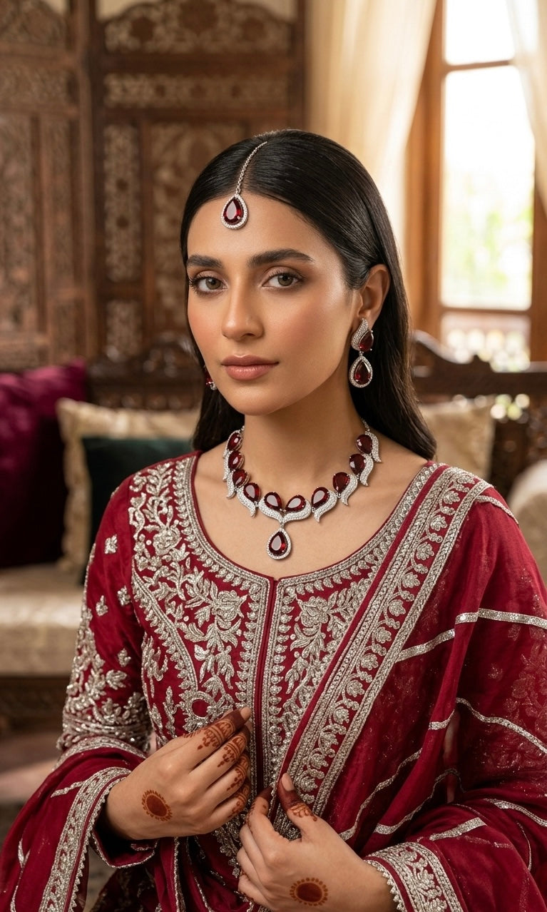 Ruby teardrop statement necklace set JW345 - Pakistani women's luxury bridal jewelry with deep ruby red stones and silver tone finish front view