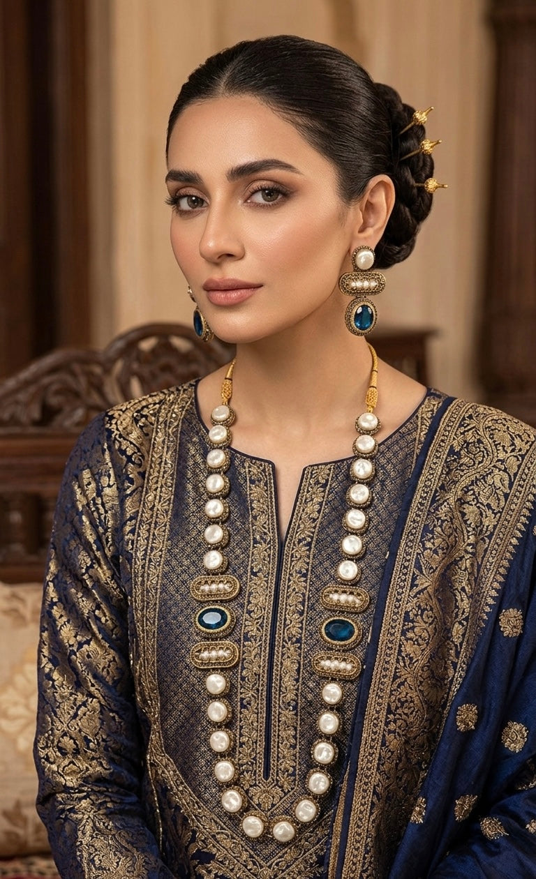 Midnight pearl sapphire statement necklace set JW338 - Pakistani women's luxury bridal jewelry with deep sapphire blue stones and gold finish front view