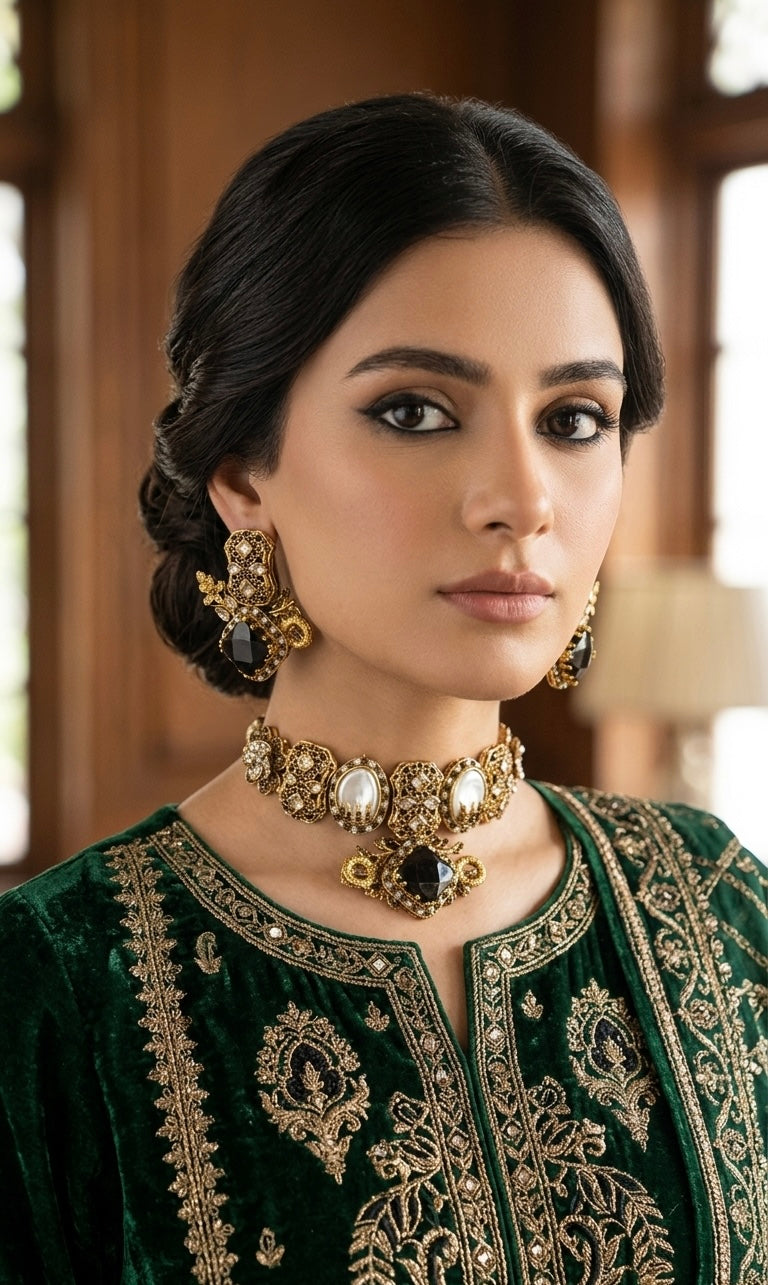 Vintage onyx pearl choker necklace set JW279 - Pakistani women's luxury bridal jewelry with black onyx stones and antique gold finish front view