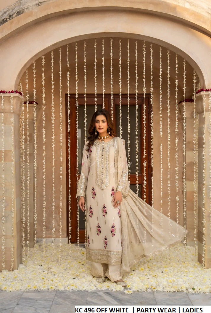 Pakistani women's off white silk long kaftan plazo back view