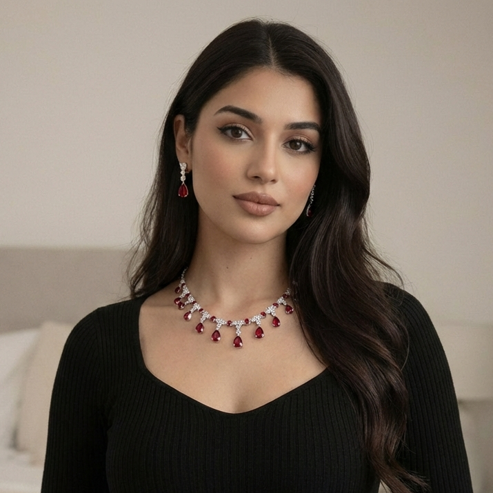 Ruby radiance luxury necklace and earrings set - Pakistani women's luxury bridal jewelry with ruby red teardrop stones front view
