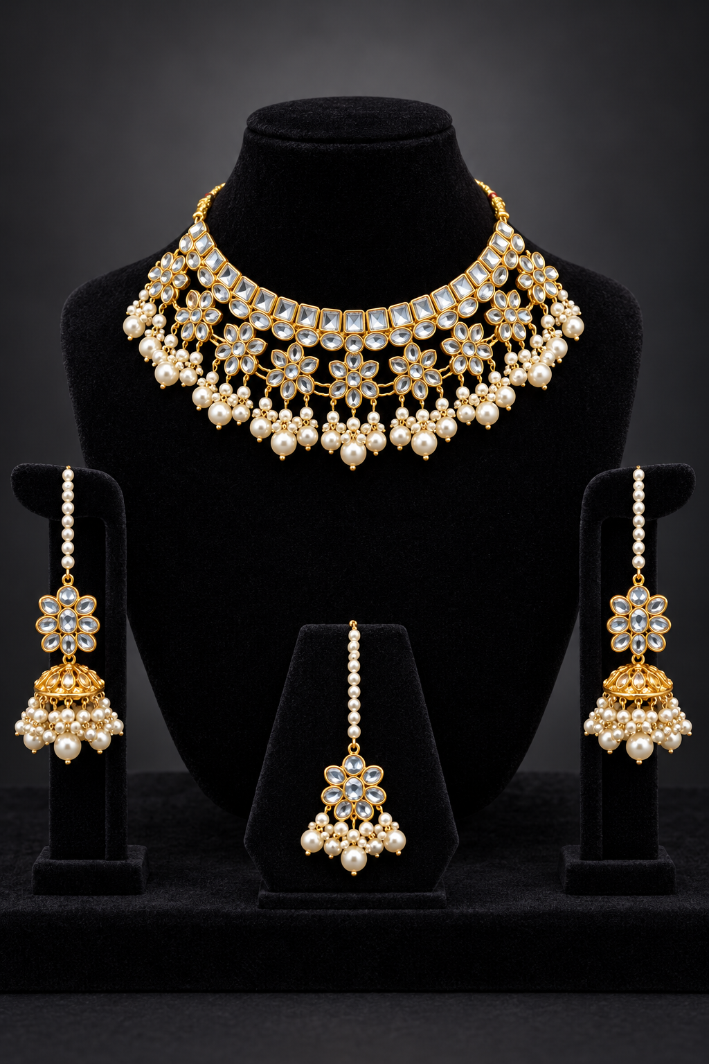 JW385 – Floral Kundan-Style Jewellery Set with Pearl Drops