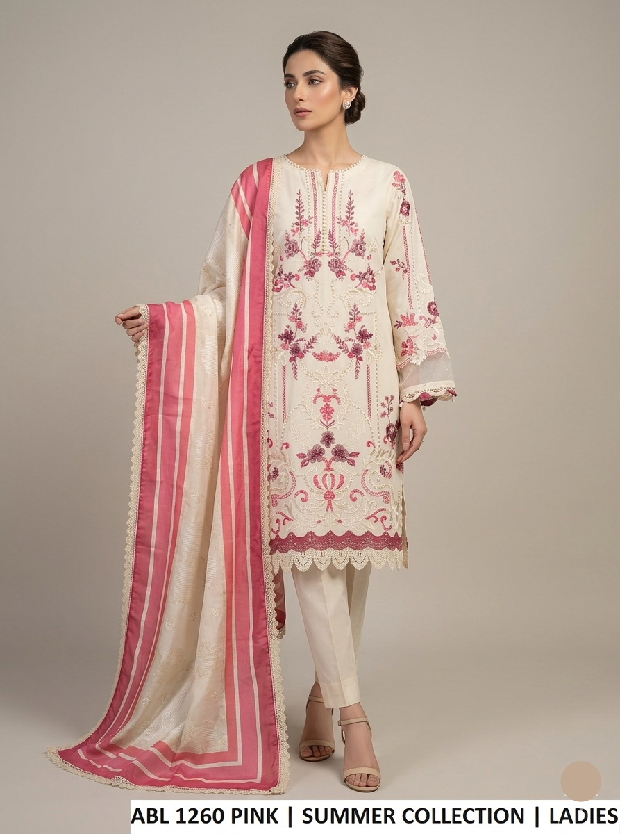 Cotton straight shirt off white pink - Pakistani women's casual outfit with organza karandi dupatta front view