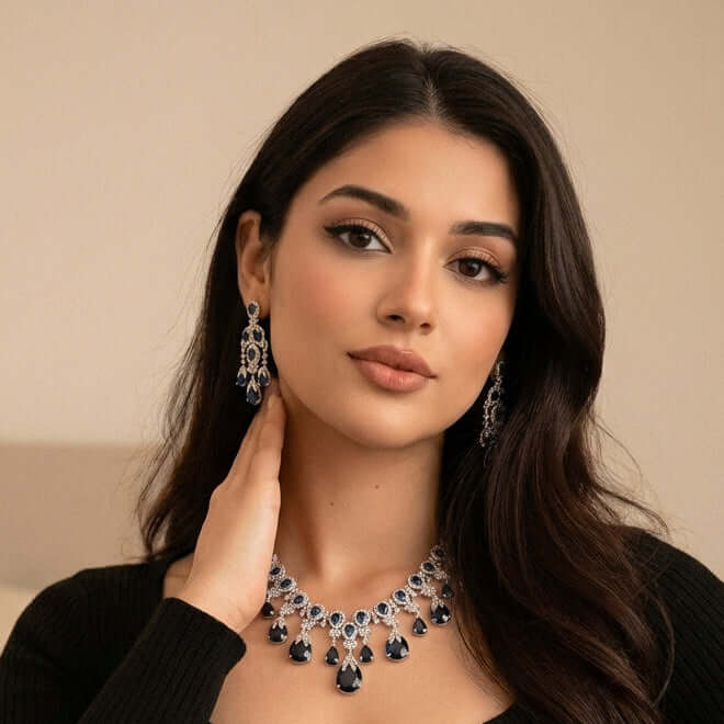 Midnight blue drop necklace set - Pakistani women's luxury formal jewelry with deep blue stones and crystal drops front view