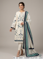 Cotton straight shirt off white green - Pakistani women's casual outfit with organza karandi dupatta front view