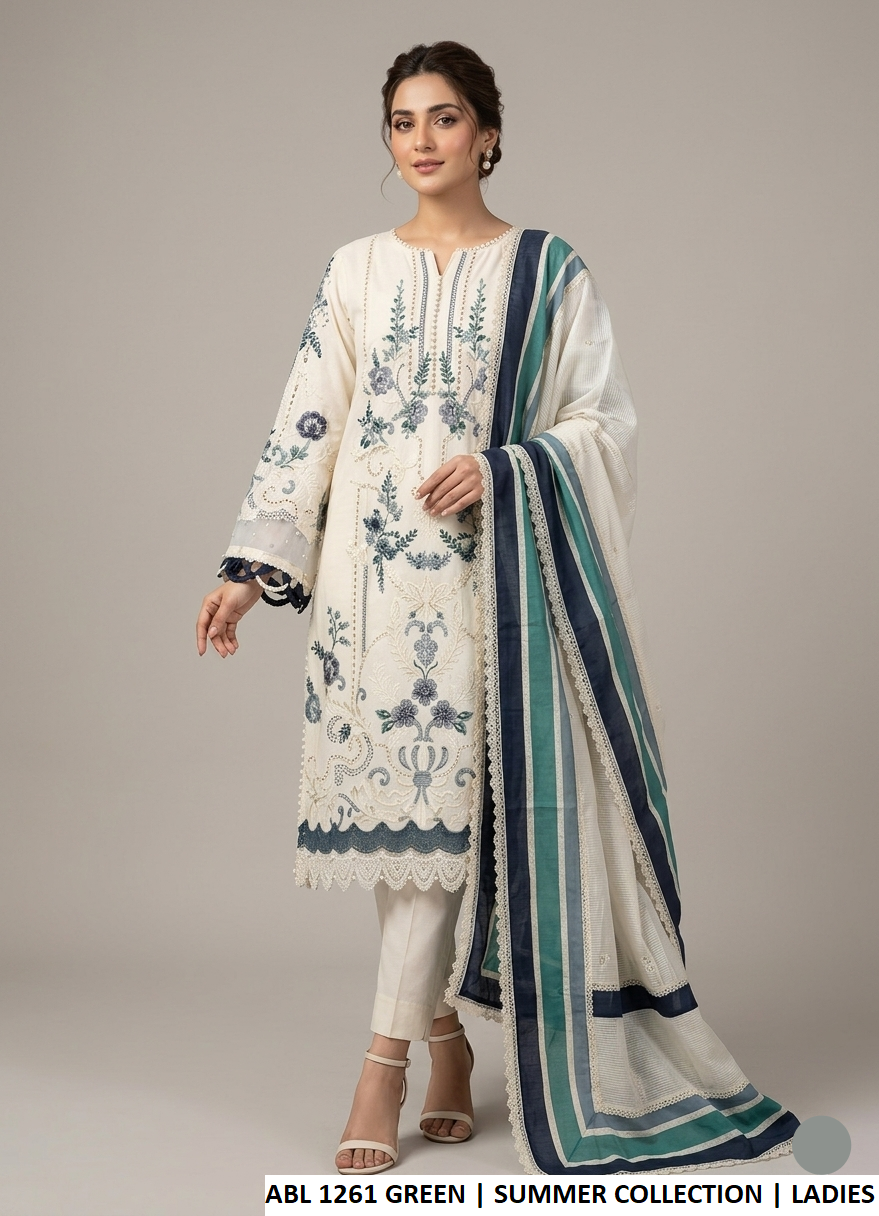 Cotton straight shirt off white green - Pakistani women's casual outfit with organza karandi dupatta front view