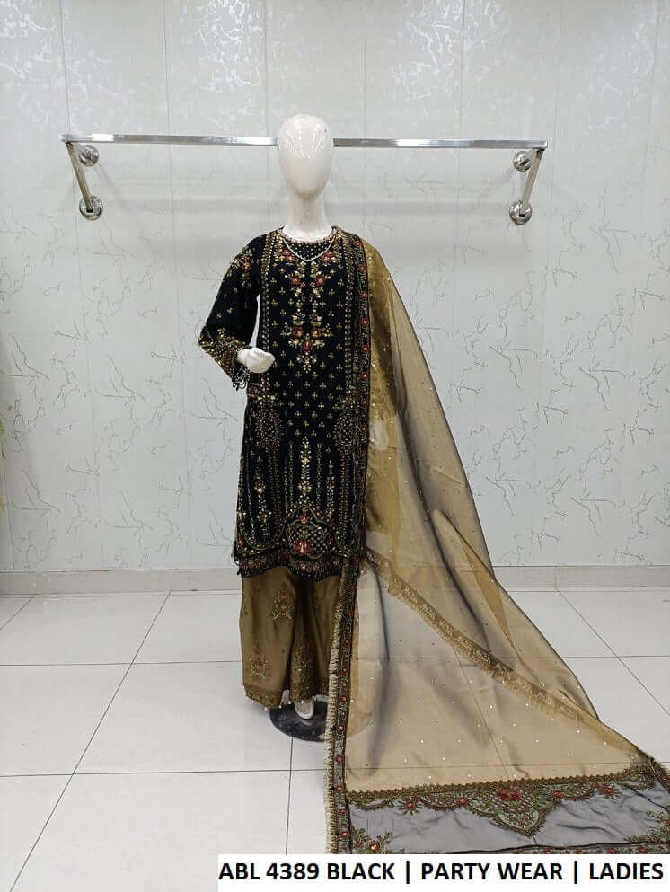 ABL 4389 BLACK luxury party wear dress for women by Amir Boutique Pakistan, featuring chiffon shirt, viscose plazo, and organza dupatta.