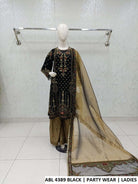 ABL 4389 BLACK luxury party wear dress for women by Amir Boutique Pakistan, featuring chiffon shirt, viscose plazo, and organza dupatta.