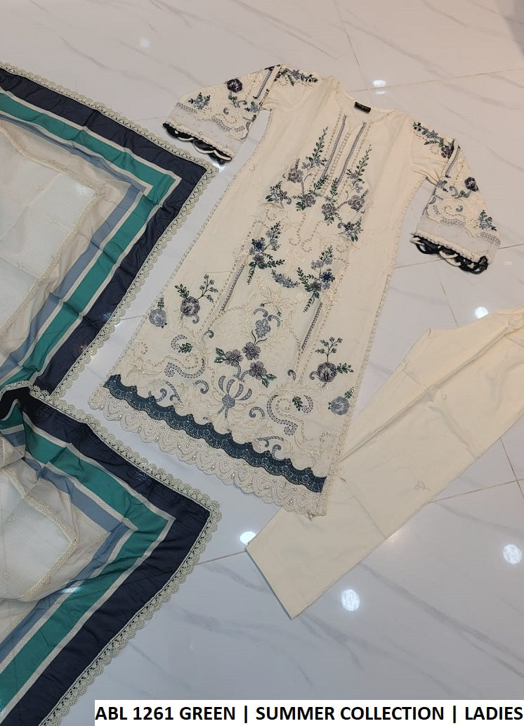 Pakistani women's off white cotton straight shirt with organza karandi dupatta back view