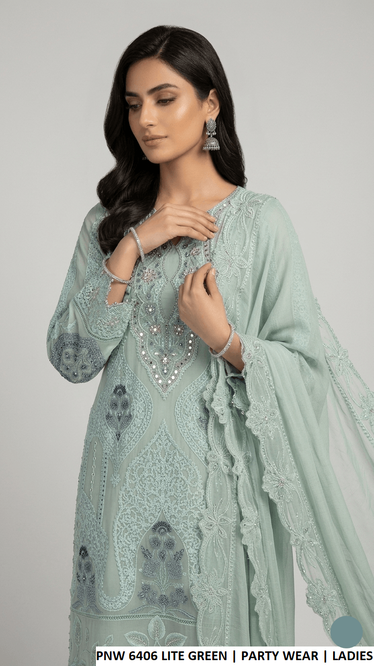 PNW 6406 LITE GREEN elegant party wear dress for women from Amir Boutique Pakistan.