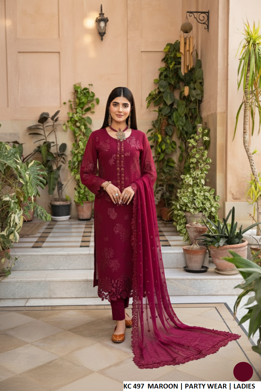 Silk long A-Line shirt plazo maroon - Pakistani women's luxury formal wear with silk dupatta front view