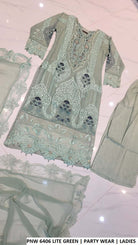 PNW 6406 LITE GREEN elegant party wear dress for women by Amir Boutique Pakistan, featuring chiffon fabric and stylish design.