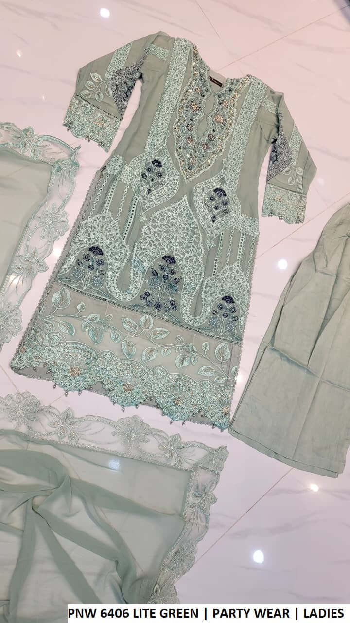 PNW 6406 LITE GREEN elegant party wear dress for women by Amir Boutique Pakistan, featuring chiffon fabric and stylish design.