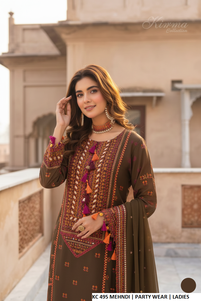 Mehndi green silk Pakistani women's long shirt with plazo side view