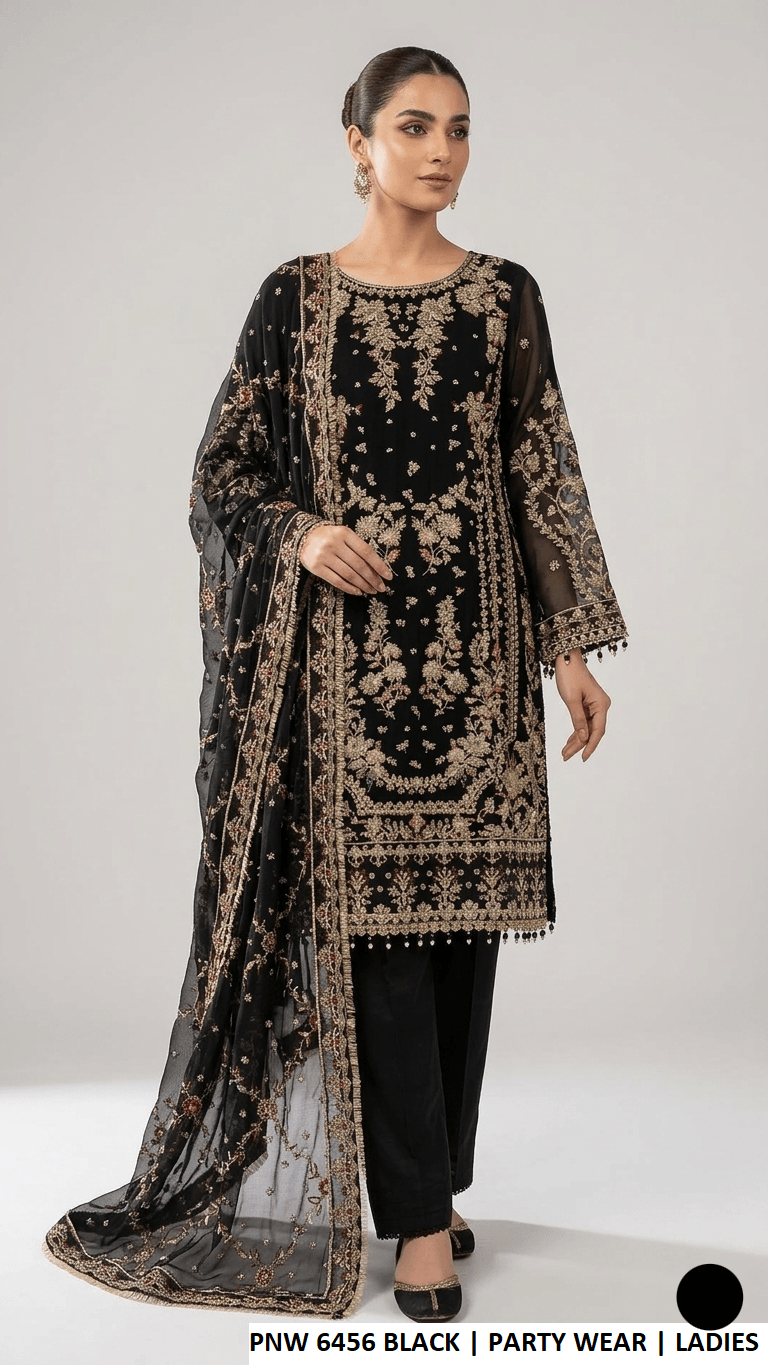 Model wearing PNW 6456 BLACK, luxury party wear dress for women from Amir Boutique Pakistan.