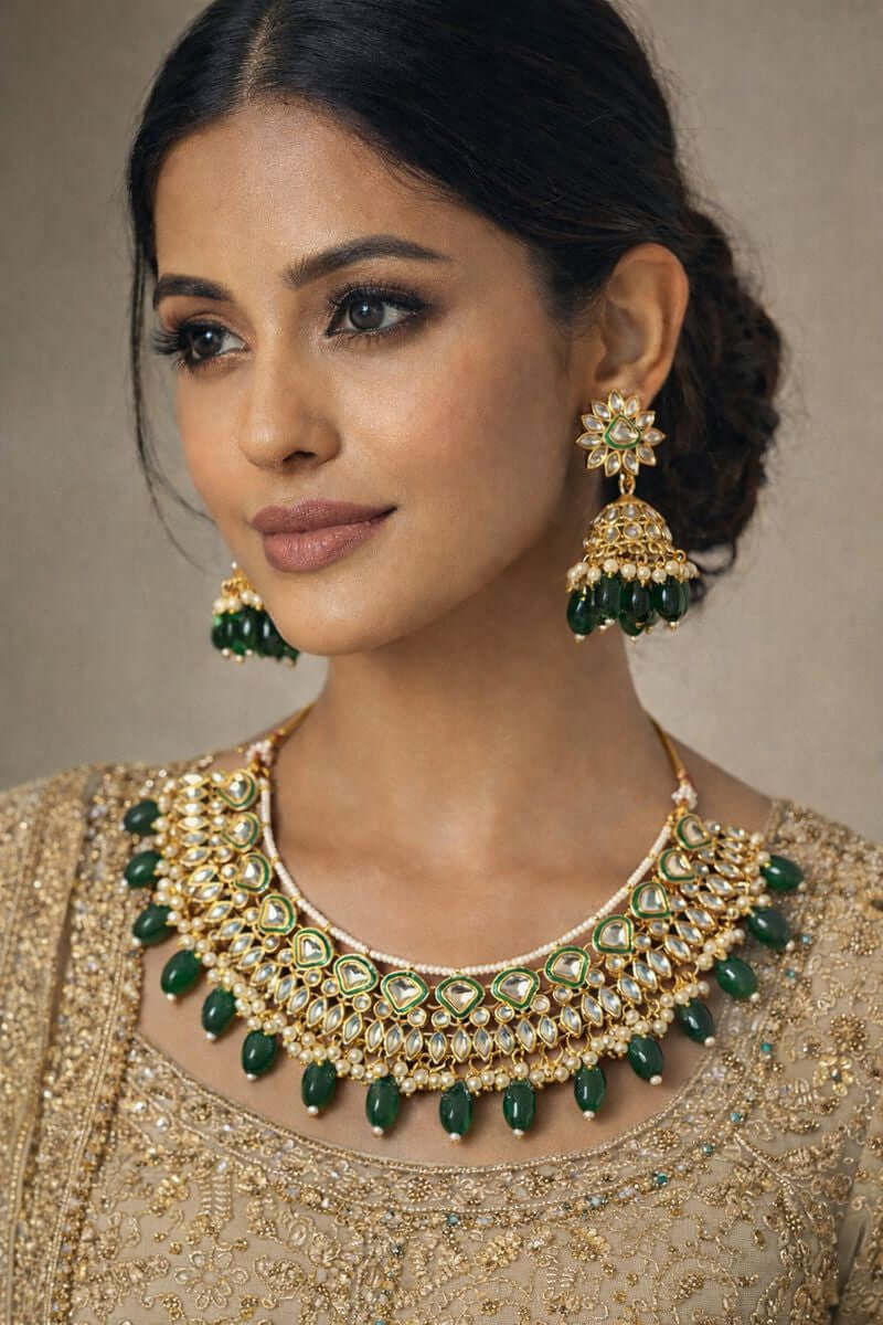 Emerald kundan party necklace set - Pakistani women's luxury formal jewelry with emerald stones and kundan work front view