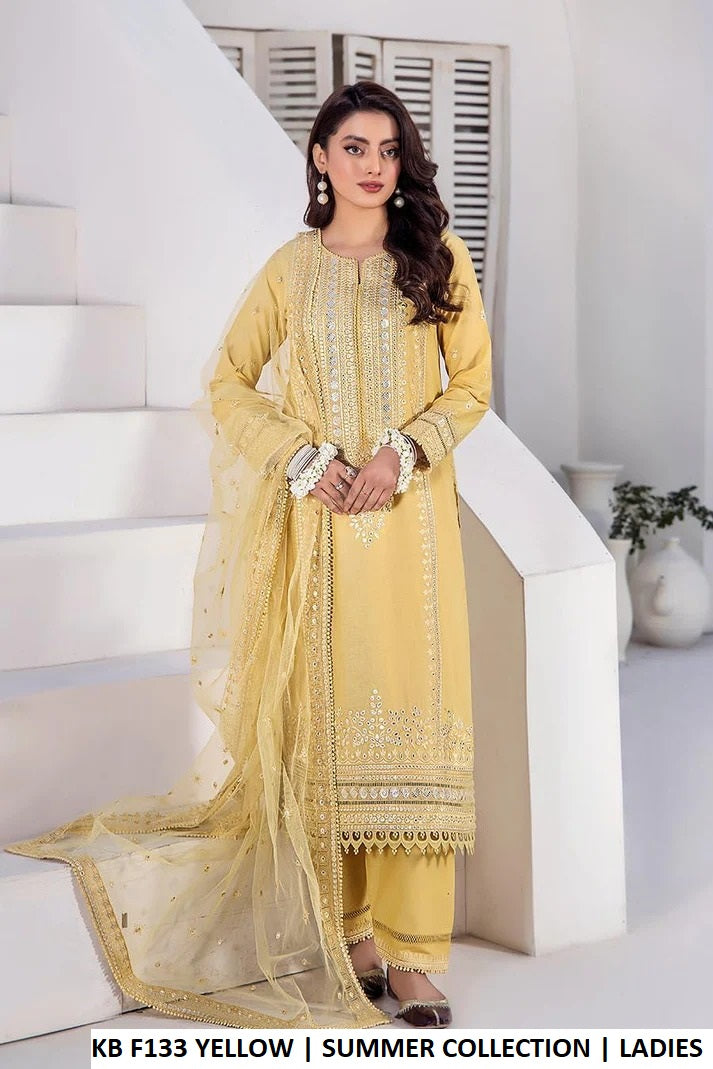 Pure cotton hand embroidered shirt yellow - Pakistani women's casual elegant outfit with net dupatta front view