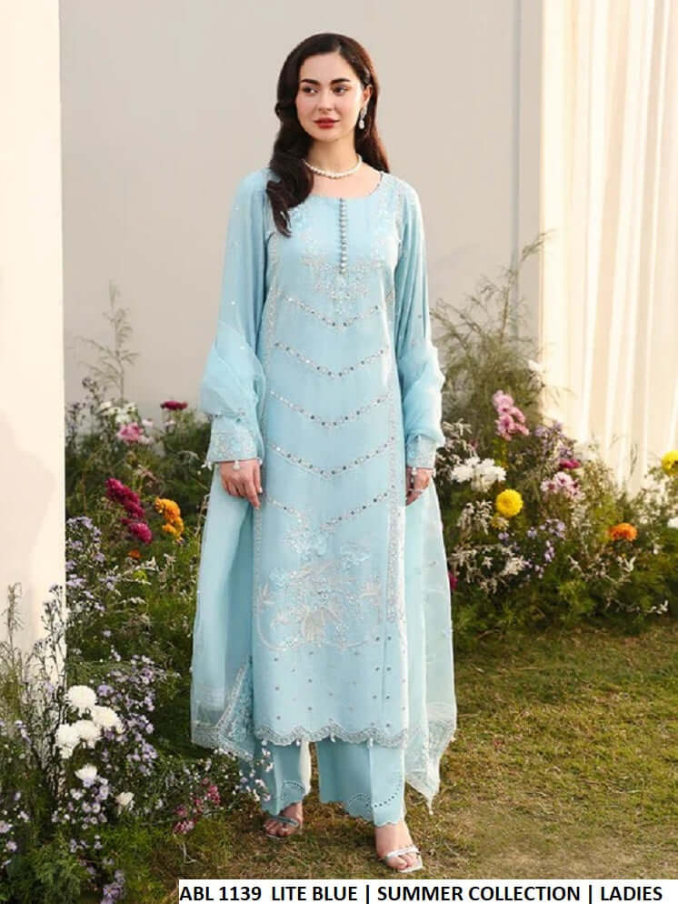 Cotton straight shirt bell shape trouser light blue - Pakistani women's casual outfit with organza dupatta front view