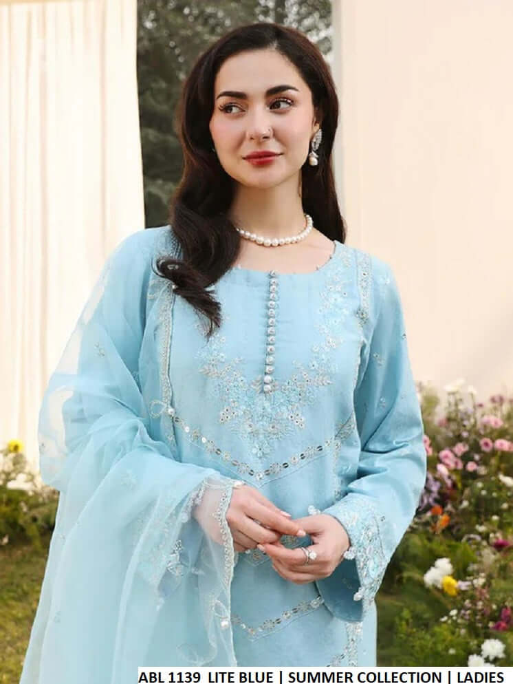 Light blue cotton Pakistani women's straight shirt with bell shape trouser side view