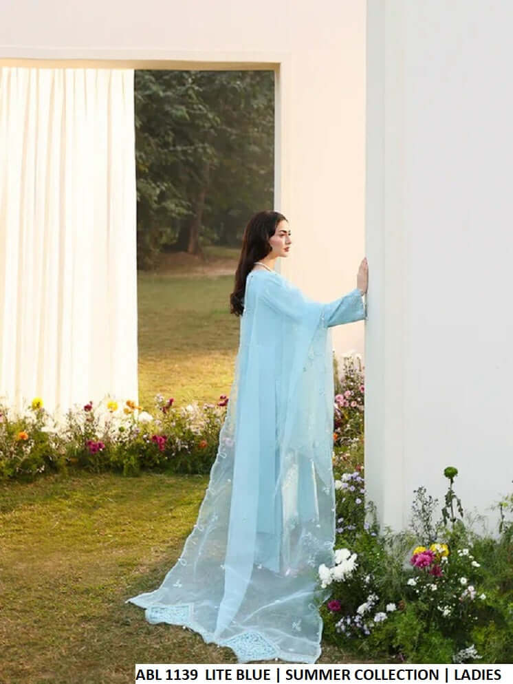 Pakistani women's light blue cotton straight shirt bell trouser detail view