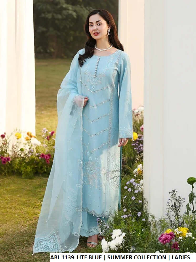 Pakistani women's light blue cotton straight shirt bell shape trouser back view