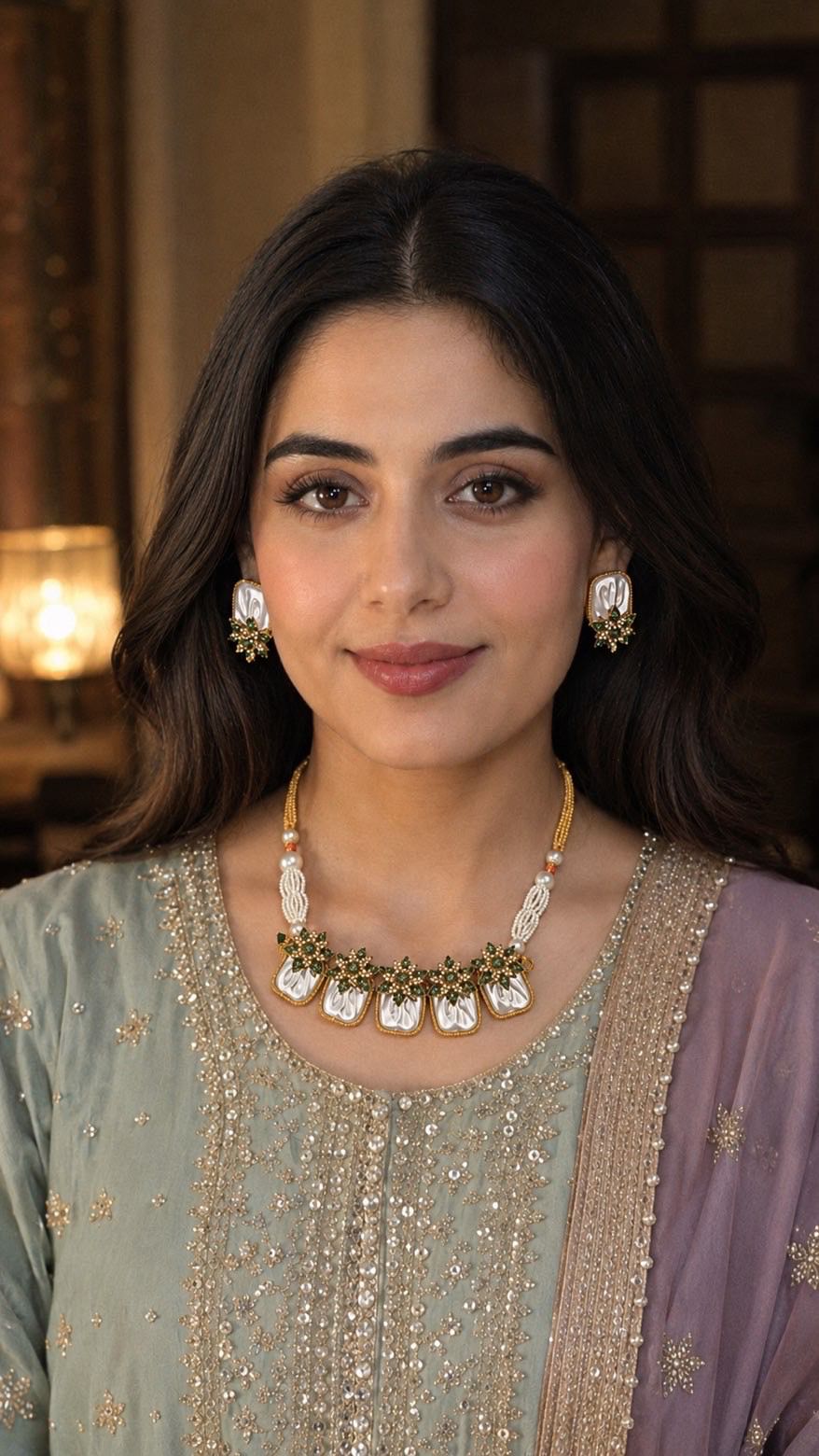 Emerald pearl statement necklace set JW260 - Pakistani women's luxury bridal jewelry with emerald green stones and pearl accents front view