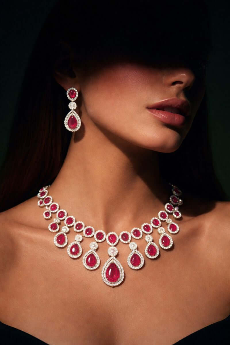 Ruby teardrop luxury necklace set 1 carat - Pakistani women's bridal formal jewelry with deep ruby red stones front view