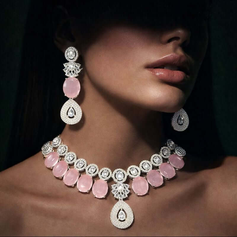 Blush royale statement set 1 carat - Pakistani women's luxury bridal jewelry with blush pink stones and zircon halos front view