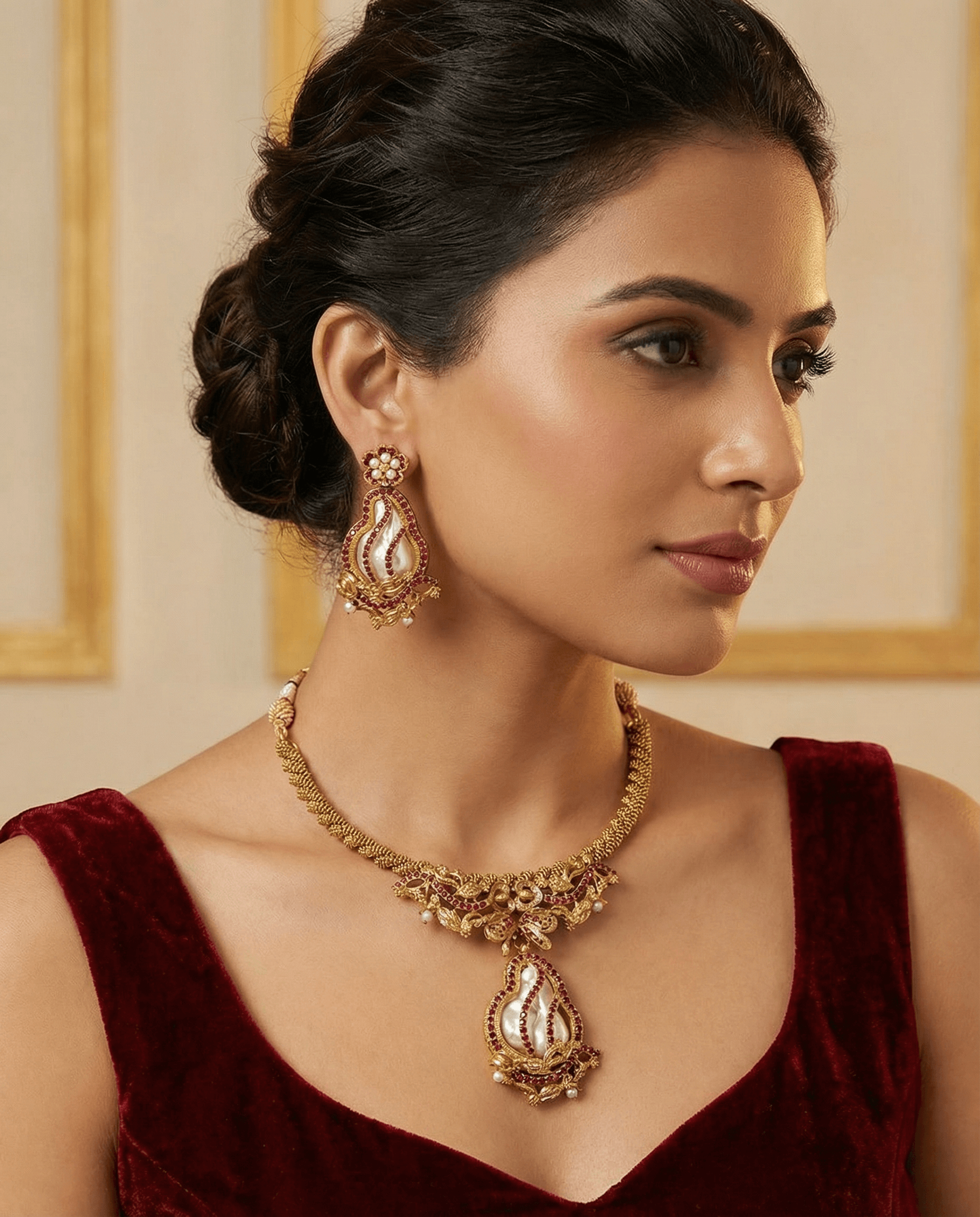 Heritage ruby pearl maharani necklace set - Pakistani women's luxury bridal jewelry with flame shaped pearl and antique gold detailing front view