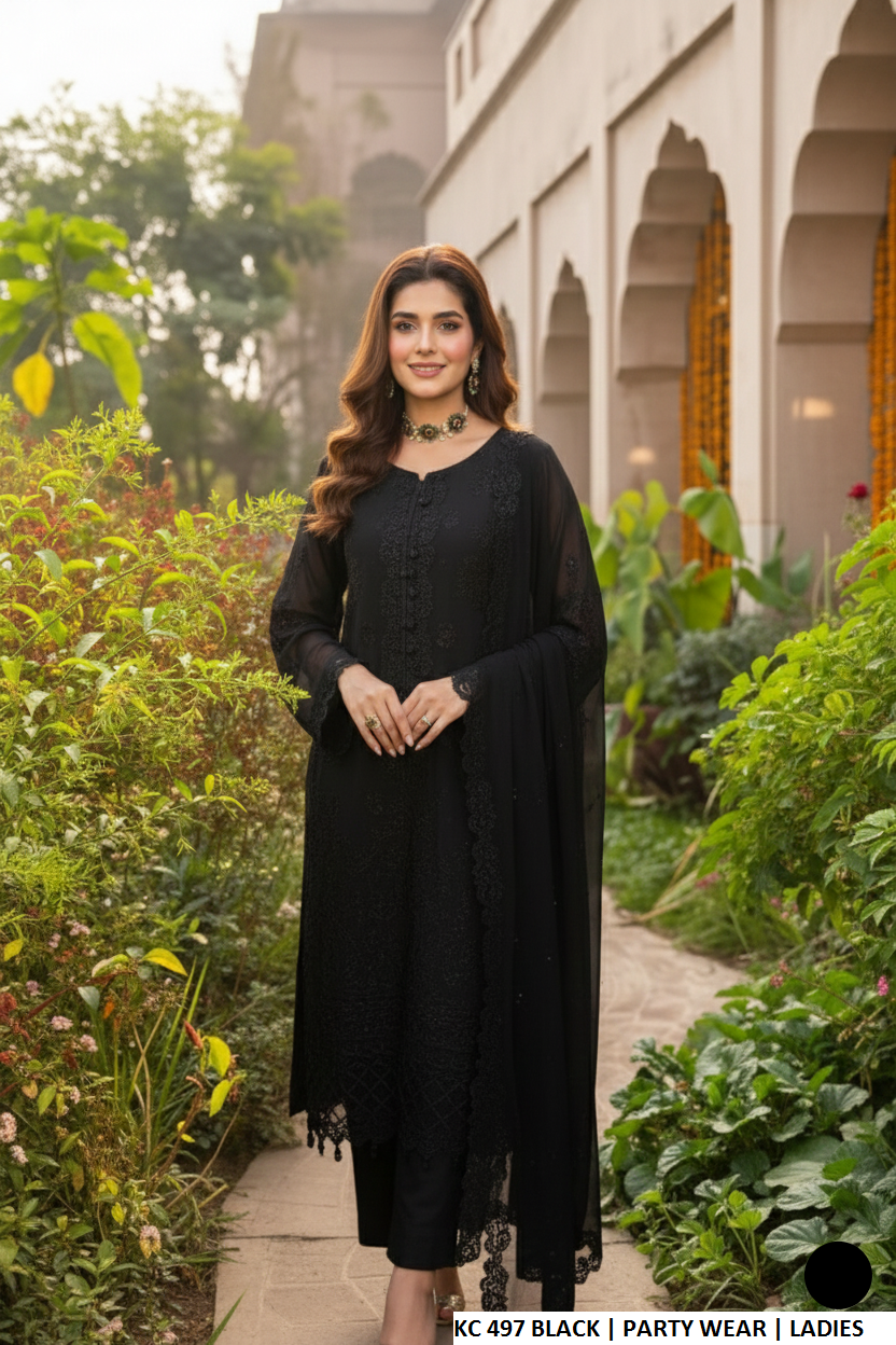 Pakistani women's black silk long A-Line shirt plazo back view