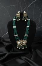 Emerald pearl beaded necklace set - Pakistani women's luxury bridal jewelry with emerald stones and pearl beads front view