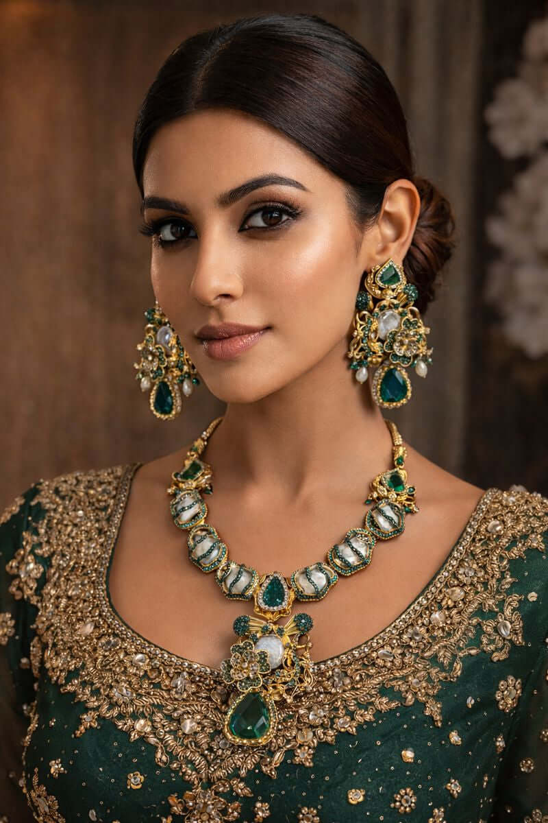 Emerald heritage party wear necklace set - Pakistani women's luxury formal jewelry with gold tone emerald stones and pearl accents front view