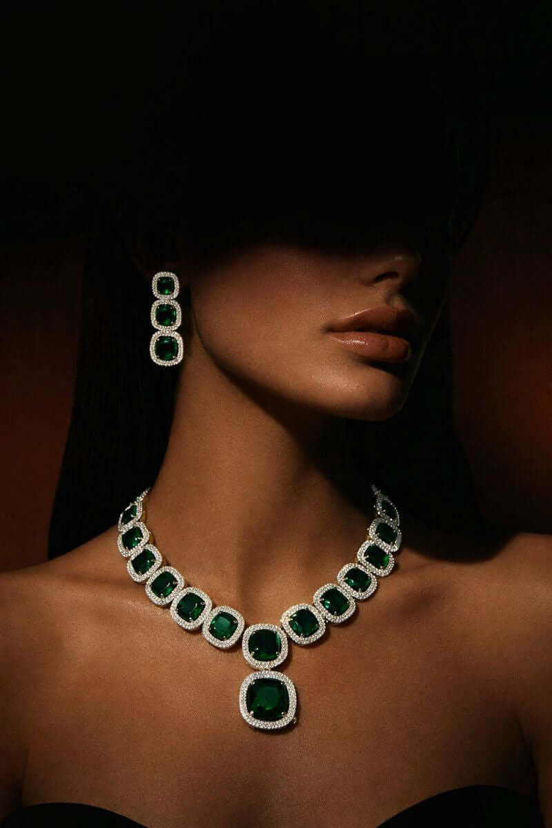 Pakistani women's royal sapphire statement necklace set side view
