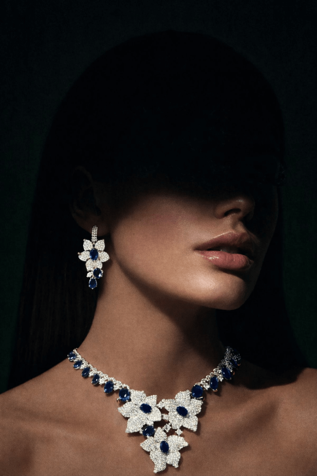 Midnight bloom sapphire set 1 carat - Pakistani women's luxury formal jewelry with deep sapphire stones and floral design front view