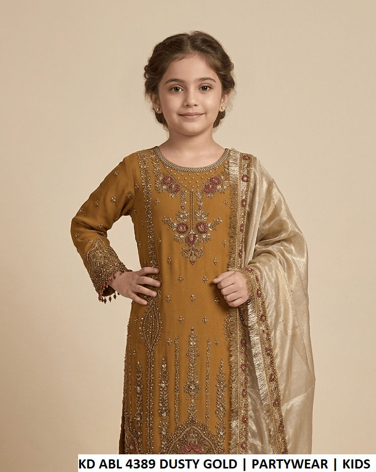 KD ABL 4389 DUSTY GOLD | Elegant partywear outfit for kids showcasing intricate embroidery.