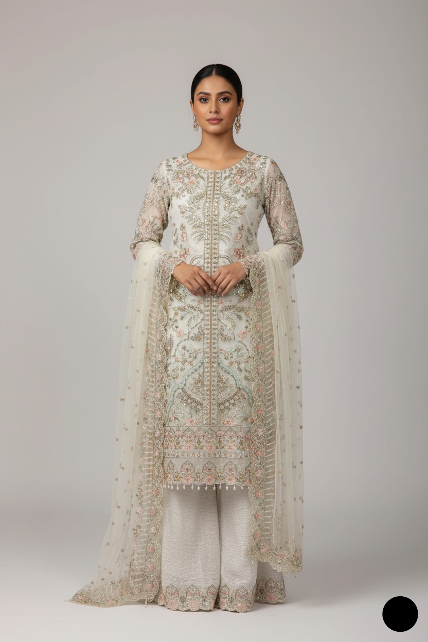 AR 120 OFF WHITE Net Long Shirt with Sharara & Dupatta Amir Boutique AR 120 OFF WHITE Net Long Shirt with Sharara & Dupatta Amir Boutique