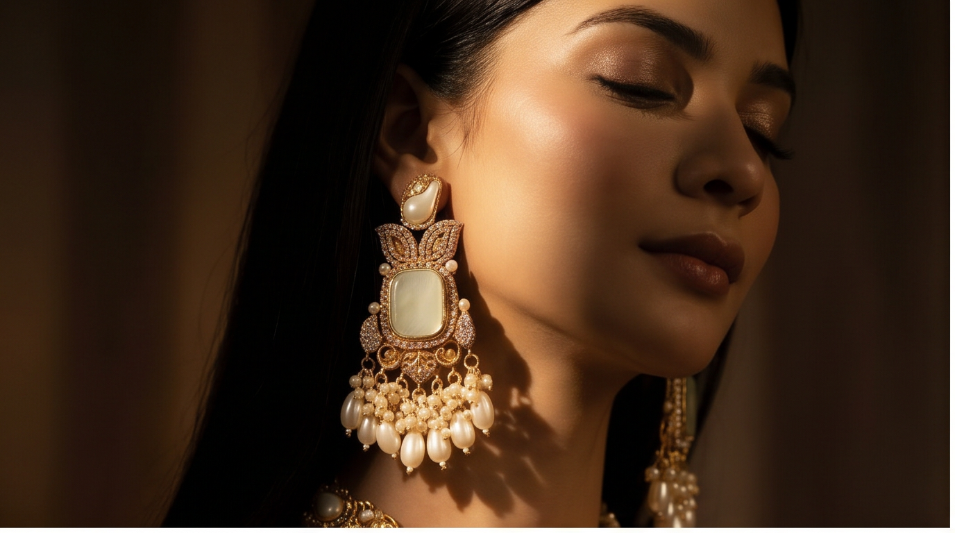 Pakistani women's royal pearl choker set side view