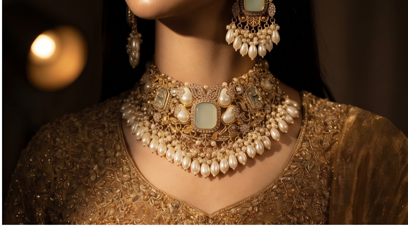 Pakistani women's royal pearl choker bridal jewelry detail view