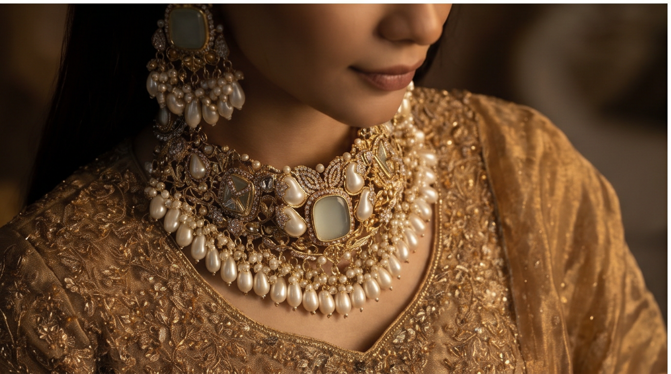 Pakistani women's royal pearl choker bridal set back view