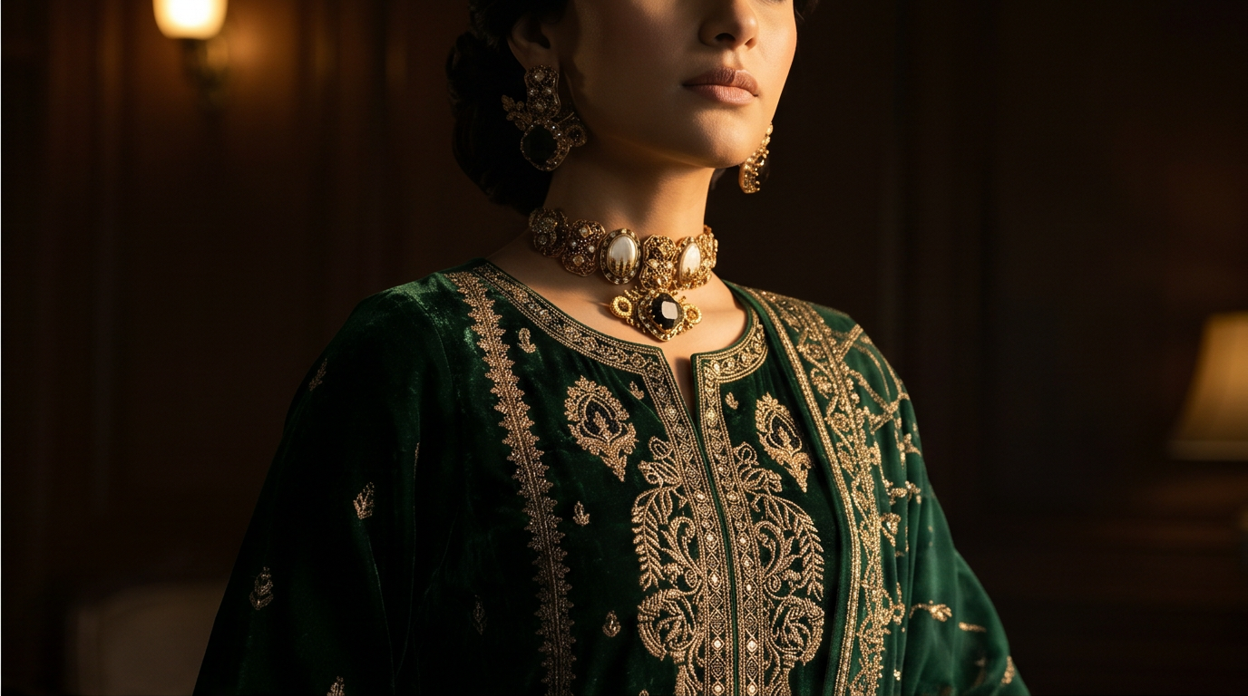 JW279 vintage onyx pearl Pakistani women's luxury choker set side view