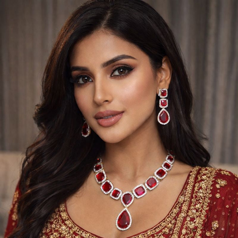 Grace necklace set 1 carat - Pakistani women's luxury formal jewelry with zircon stones and elegant pendant front view