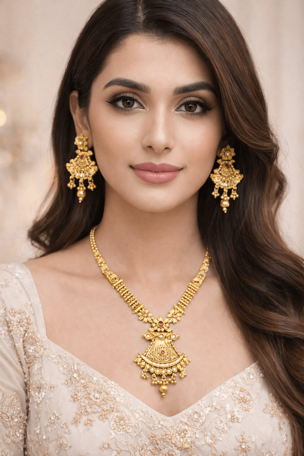 Royal heritage gold necklace set - Pakistani women's luxury bridal jewelry with traditional red stone pendant and statement earrings front view
