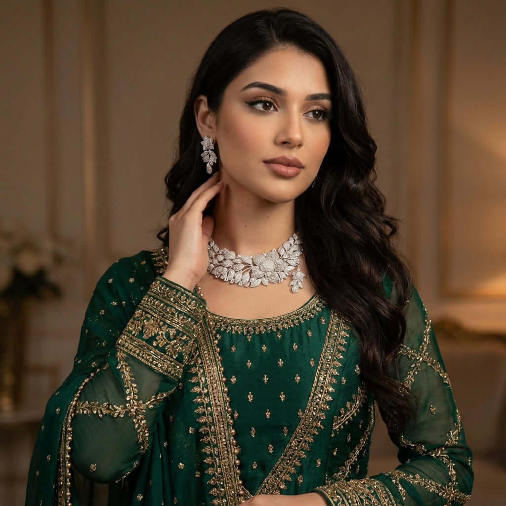 Pakistani women's floral diamond luxury necklace set detail view