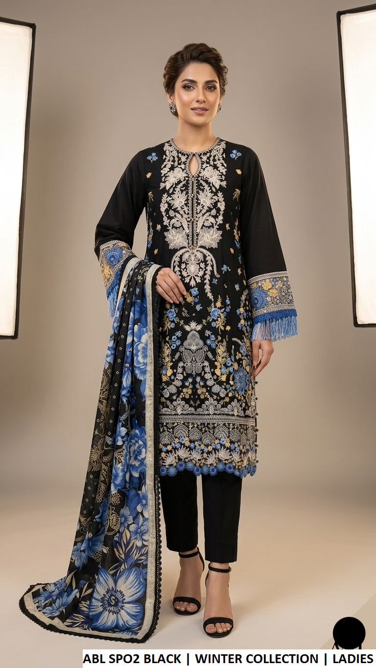 Viscose straight shirt black - Pakistani women's casual outfit with wool shawl front view