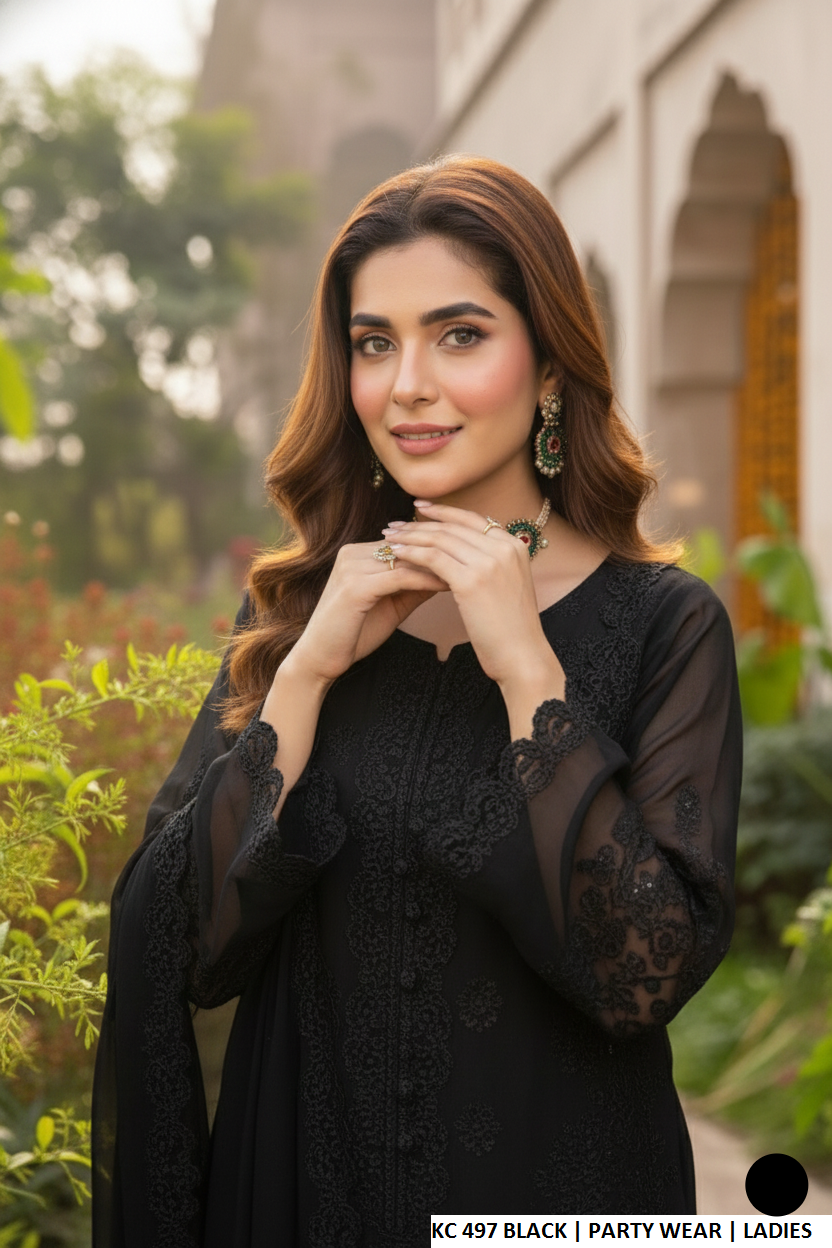 Black silk Pakistani women's long A-Line shirt with plazo side view